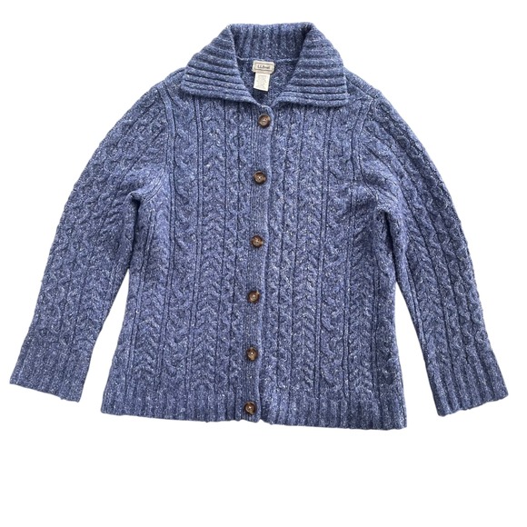 LL Bean Vintage L Blue Cable Knit Wool Bl Buttons Chunky Cardigan Sweater Granny - Picture 2 of 16